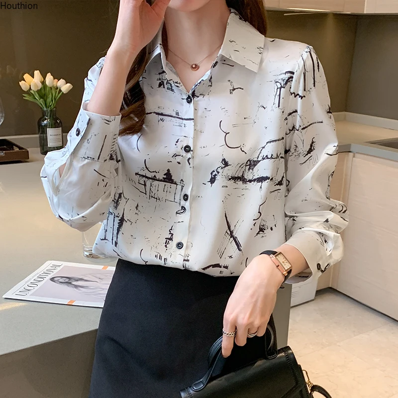 

Houthion Satin Slim Women's Blouses Long Sleeve Top New Casual Blouse Fashion Printing Buttons Shirt Summer Lady Blusas