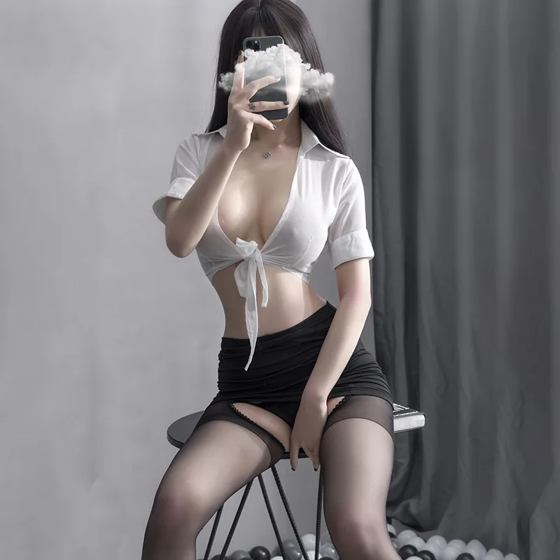 

Sexy Secretary Office Erotic Cosplay Costumes Passion Hollow Out Top with Mini Skirt Office Lady Temptation Profession Clothes