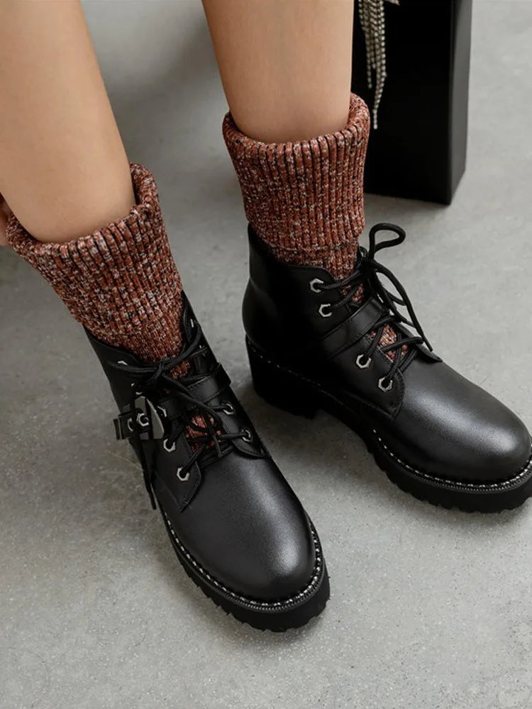 

Hot Retro Round Toe Thick-soled Socks Boots 2020 Autumn Winter Handsome Leather Mid-heel British Style Short Martin Boots Women
