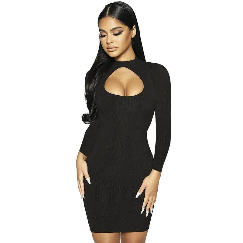 

Women Spring Autumn Solid Color Pencil Dresses Hollow Out Long Sleeve Slim Hips Mini Dress For Woman Robe Femme Vestido De Mujer