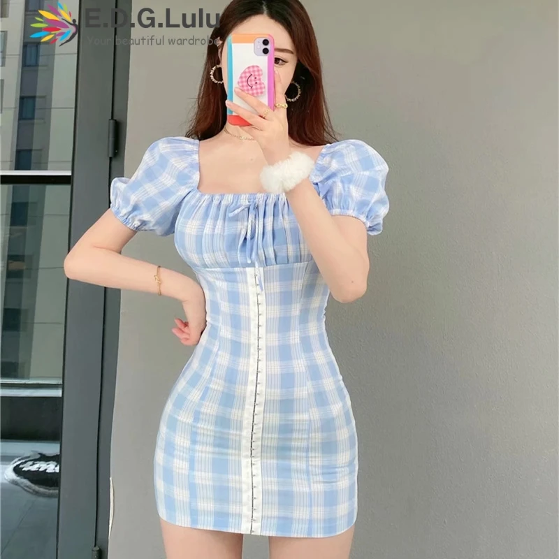 Женское платье в синюю клетку EDGLuLu повседневное элегантное облегающее с