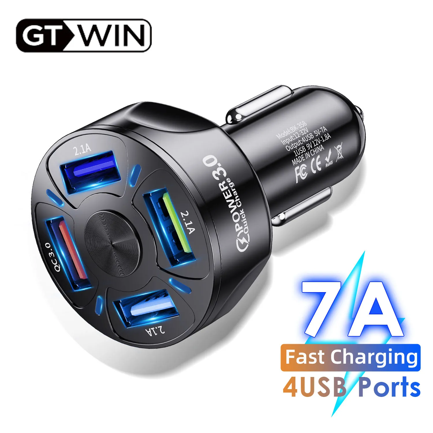 Автомобильное зарядное устройство GTWIN с 4 USB-портами, 7A, 48 Вт, быстрая зарядка 3,0, 4,0, быстрая зарядка для iphone 12, 11, Xiaomi, адаптер для автомобильной сигареты