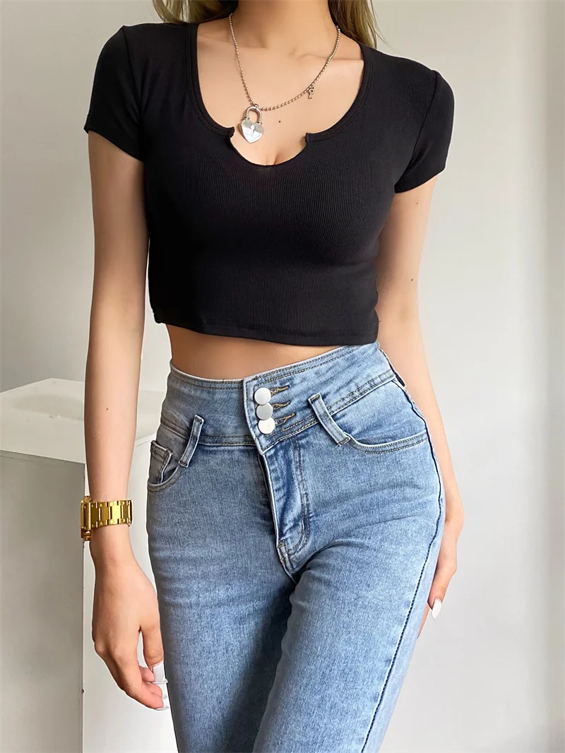 

Summer new casual fashion V-neck short-sleeved tight-fitting T-shirt for women, stretch and thin short sexy T-shirt for women