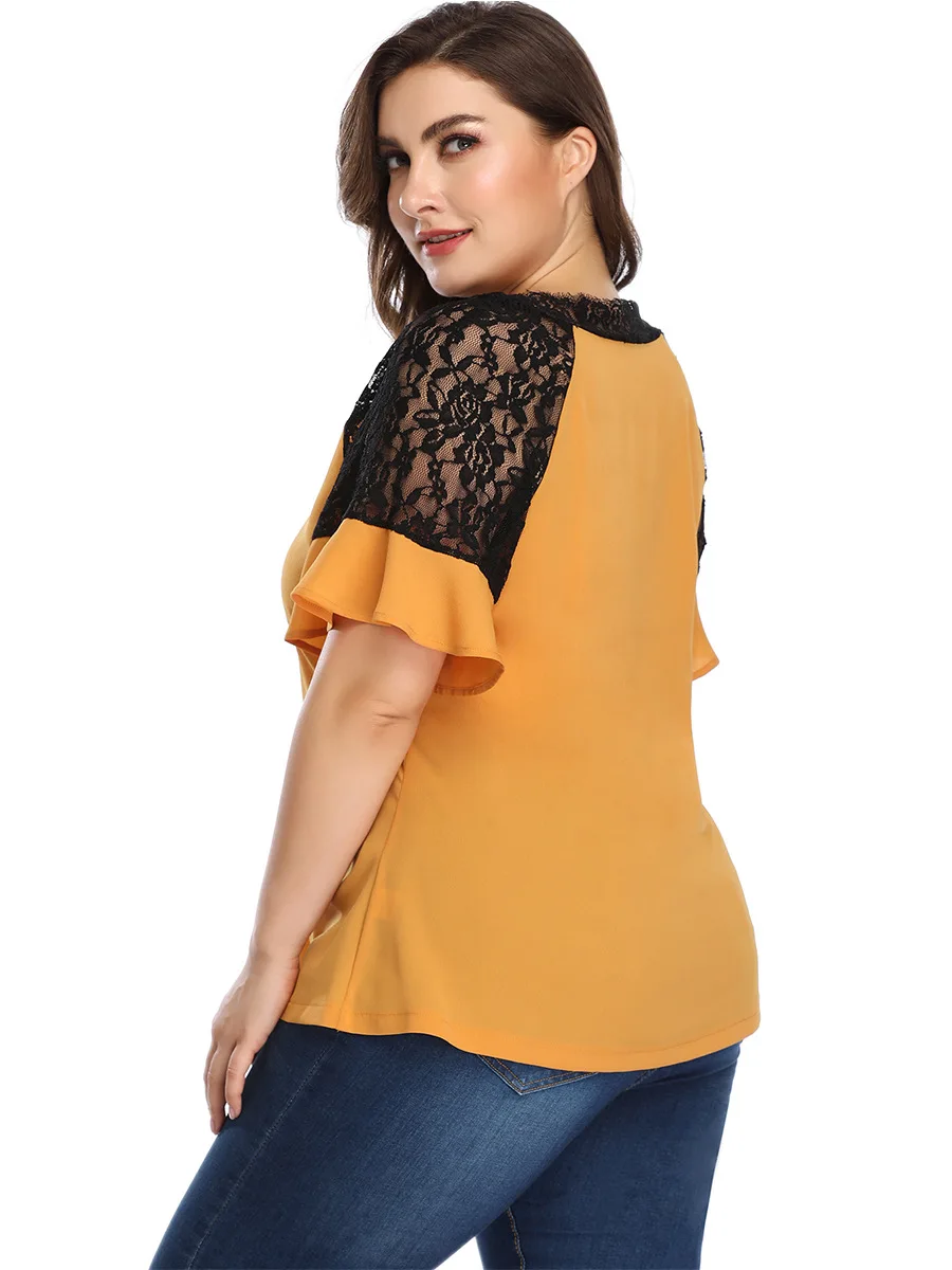 DOIB Women Large Size Tops Blouse Short Flare Sleeve Lace Patchwork Oversize Tops Shirt Summer Plus Size Blouse 4XL