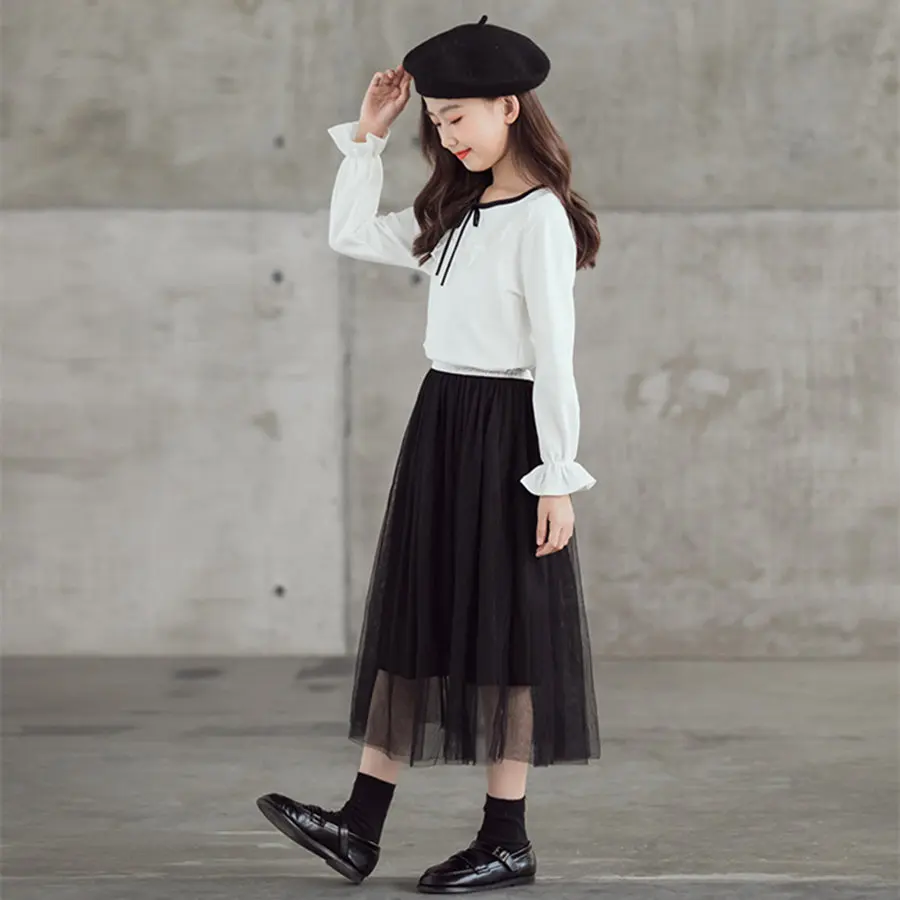 

Spring Girls Clothing Set 4-13 Year Flare Sleeve Ruffle Collar Spaghetti Top + Tulle Pleated Long Skirt Set Teens Suit For Girls