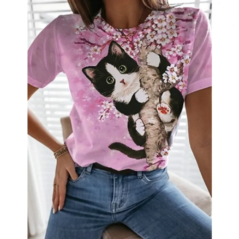 

New personality animal cat t-shirt 3d printing round neck fun short-sleeved t-shirt ladies summer retro style