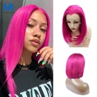 Боб синтетические волосы на части парики, красная фуксия предварительно собранные человеческие волосы, Красная Кружева передние парики для чернокожих Для женщин Волосы Remy парики