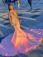 blush pink prom dresses mermaid halter beaded backless long prom gown evening dresses robe de soiree