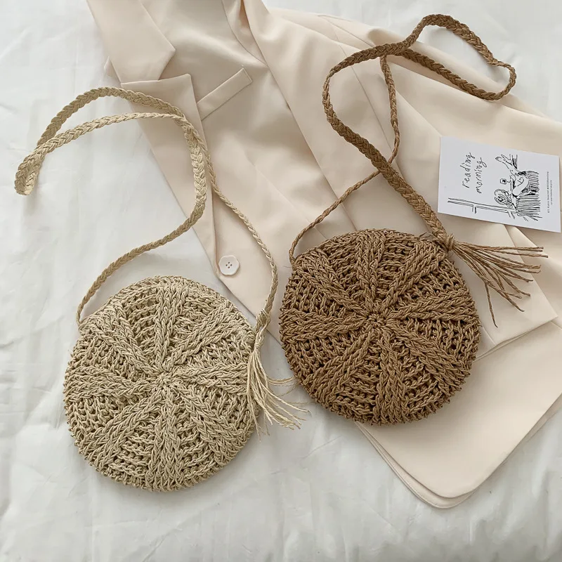 

Женская круглая искусственная сумка, Вязаная летняя пляжная сумка, женская сумка-мессенджер через плечо, сумки цвета хаки и бежевого цвета из ротанга с кисточкой