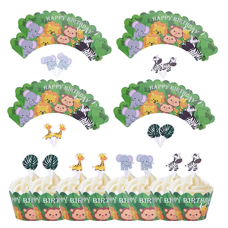

Jungle Theme Cake Topper Cartoon Animals Cakes Wrapper Elephant Monkey Felt Tree Cupcake Topper for Kids Birthday Party Supplies