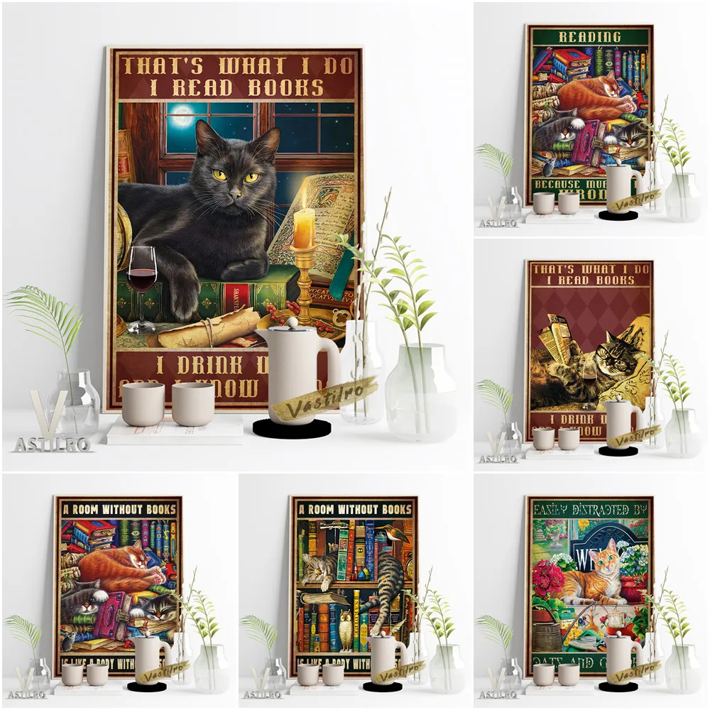 

Lovely Kitten Reading Book Vintage Art Prints Poster Library Wall Picture Canvas Painting Home Decor Pet Cat Enthusiast Gift