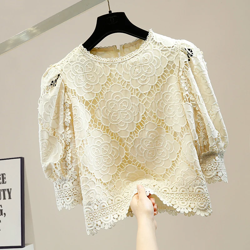 

В стиле ретро; Рукав-фонарик, связанный крючком Кружевная рубашка открытое кружевное коротко Обрезанные Топы Для женщин милая Блуза Топ 2021 ...