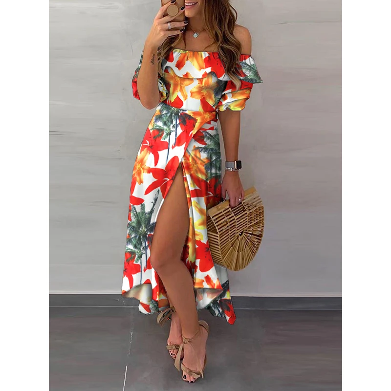 

Boho Long Dress Women 2021 Foral Print Off Shoulder Summer Short Sleeve Ruffle High Waist Ladies A-Line Vestido De Mujer Sj7768C