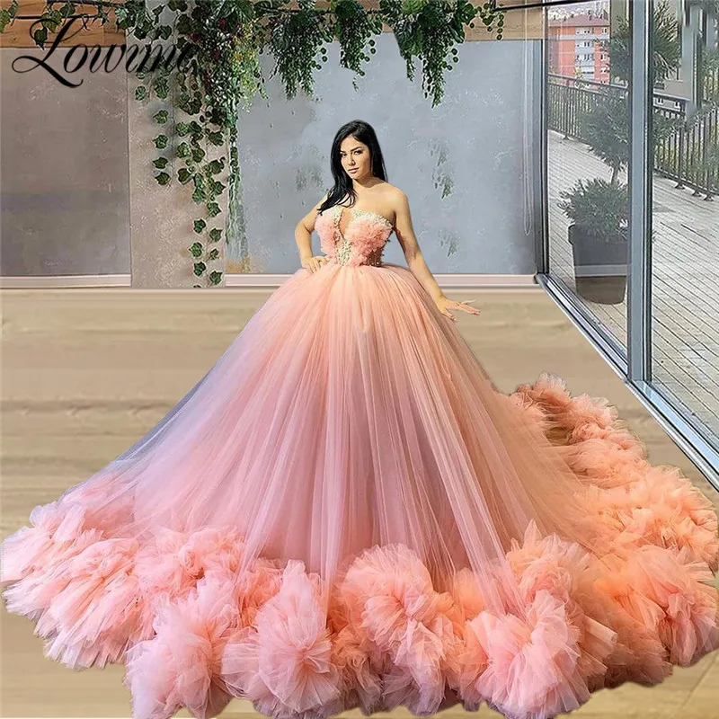 

Lowime Pink Puffy Prom Dresses 2021 Robe De Soiree Arabic Middle East Evening Gowns Vestido De Festa Beading Crystals Party Gown