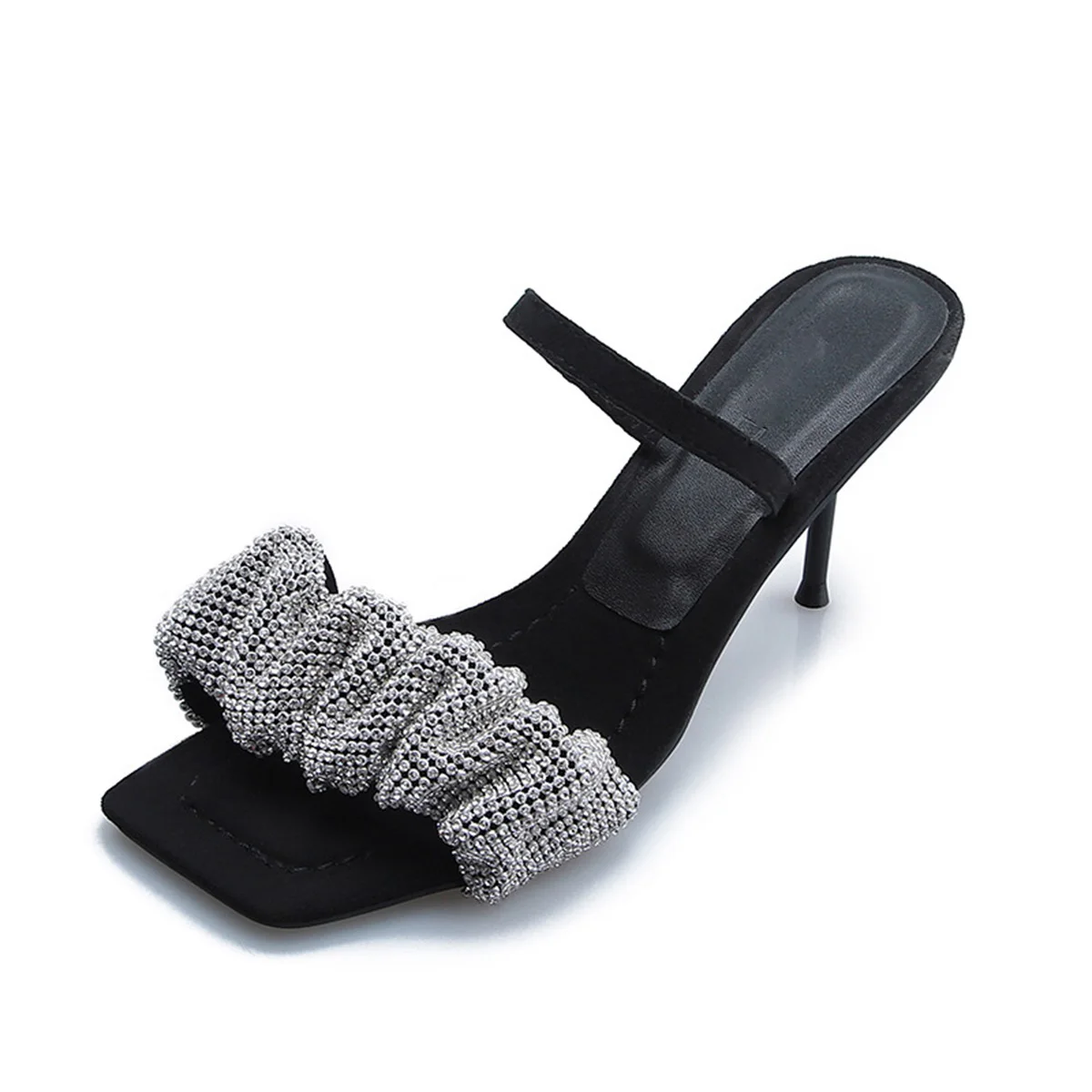 

2021 New Style Women Sandals Rhinestone One Word Thin High Heel Slippers Square Toe Fashion Women's Shoes
