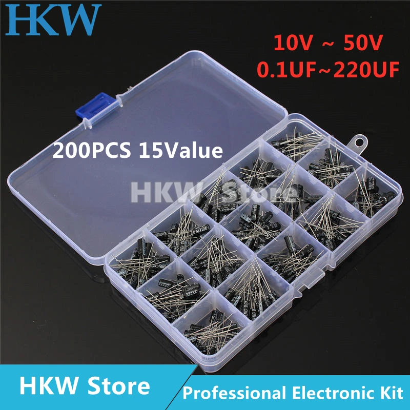 

15values 200pcs Electrolytic Capacitor 0.1-220uF 10V 16V 25V 50V Capacitor Assortment Box Kit High Quality with Box