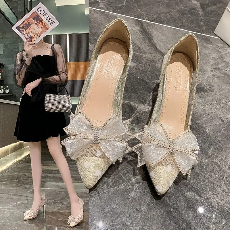 

2020 summer new all-match fairy style mesh bright diamond bow stiletto high heels female pointed shallow mouth single shoes X421