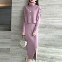 ladies suit women autumn and winter knitted solid color high neck temperament fashion office lady sweater skirt two piece suit