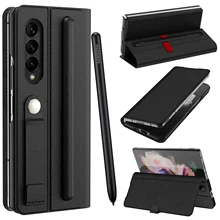 Lychee Pattern Leather For Samsung Galaxy Z Fold 3 5G Case With S Pen Holder Hand Grip Strap Flip Magnetic Spen Slot Cover