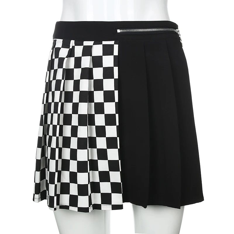 

Women High Waist Pleated Mini Skirt Black White Plaid Patchwork Ribbons A-line Streetwear Skirts Female Gothic Punk Club Skirts