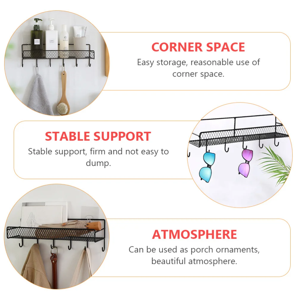 

1pc Wrought iron Storage Rack Kitchen Storage Rack Wall-mounted Rack (Black)