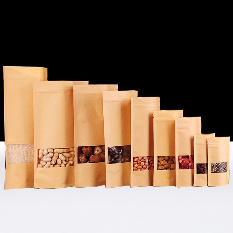 Kraft Paper ziplock bag with Window Food Storage Tea Dried Fruit Gift Coffee Bean Candy Home kitchen organizer Packaging 50 Pcs | Дом и сад