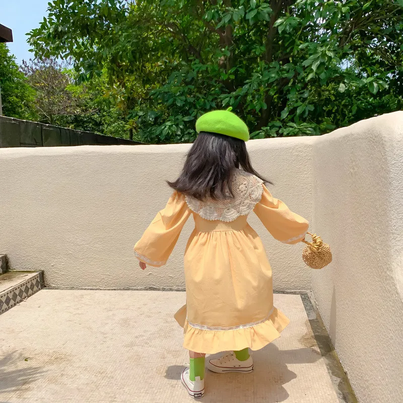 

New Autumn Girls Korean Style Dresses Solid Long Sleeve Princess Cotton Dress With Lace cuffs Toddler Kids Dresses