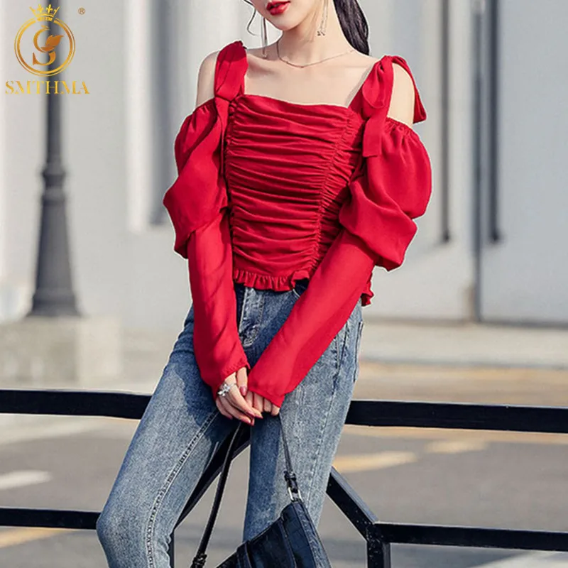 

SMTHMA 2021 New Spring Vintage Blouse Shirts Women's Puff Sleeve Chiffon Sexy Off Shoulder Slim Pleated Female Tops