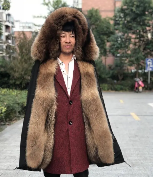 FPM1802black brown Fandy lokar, настоящая меховая парка, мужская зимняя куртка, натуральный мех енота, с капюшоном, пальто, природный енот, собачья подкладка, куртка, мужское натуральное меховое пальто - Цвет: FPM1802black brown