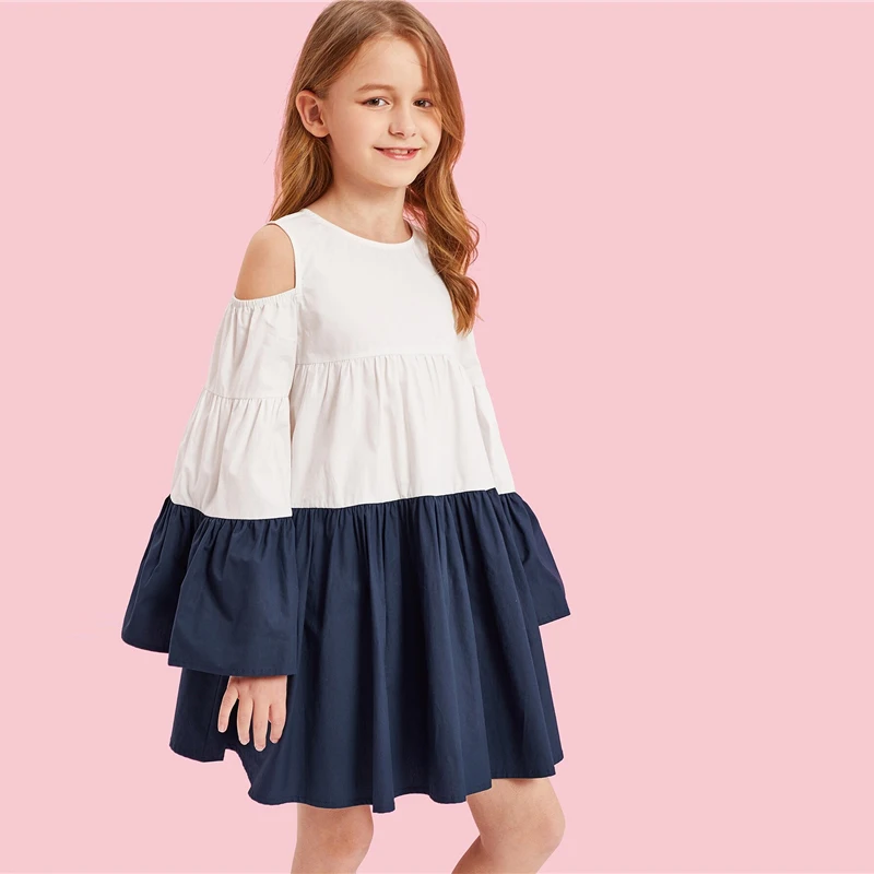 SHEIN Kiddie/многослойное платье с цветным блоком и открытыми плечами для девочек г., Осенний рукав-волан, трапециевидные платья для подростков