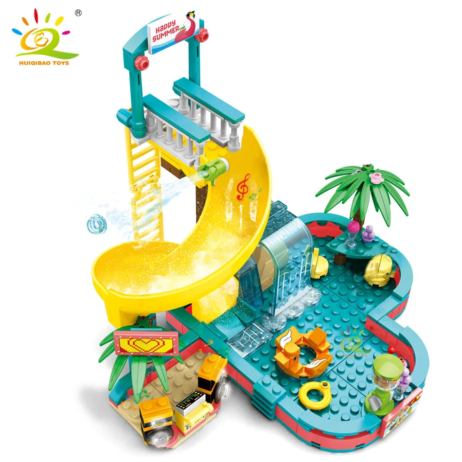 

HUIQIBAO 257pcs Swimming Pool Party Park Building Blocks Friends Series For Girl Figures City Bricks Educational Children Toys