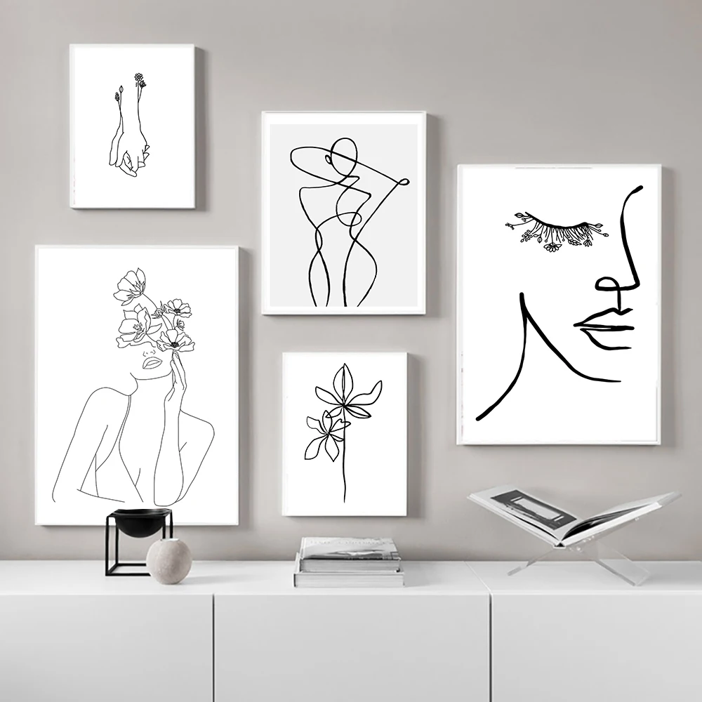 

Wall Art Line Drawing Girl Print Minimalist Simple Fashion Poster Women Flower Leaf Hand Body Sketch Black White Canvas Painting