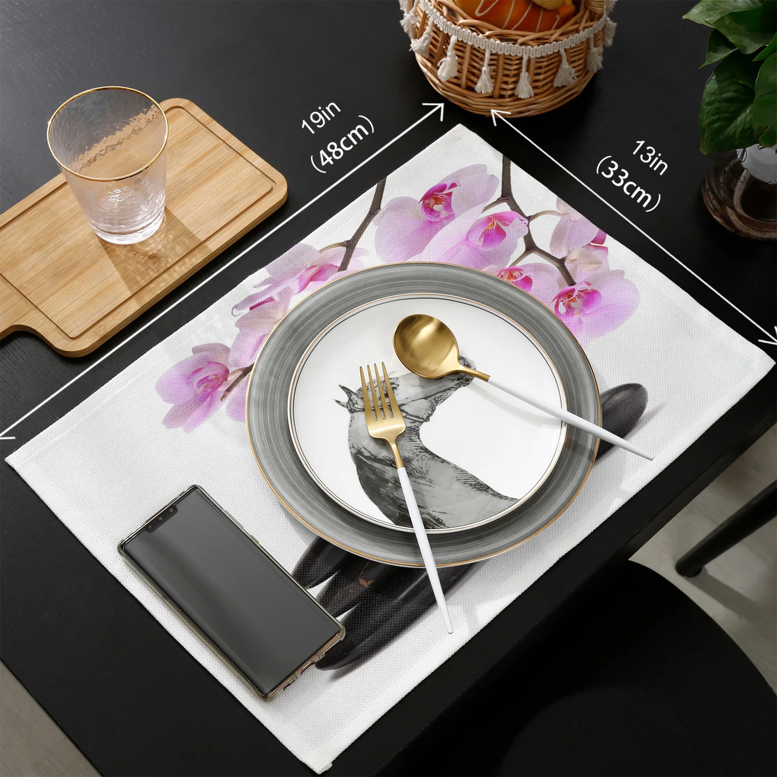 

Orchid Black Stone Pink Flower White Table Runners and Placemats Set Hotel Wedding Table Decoration Table Runner Luxury
