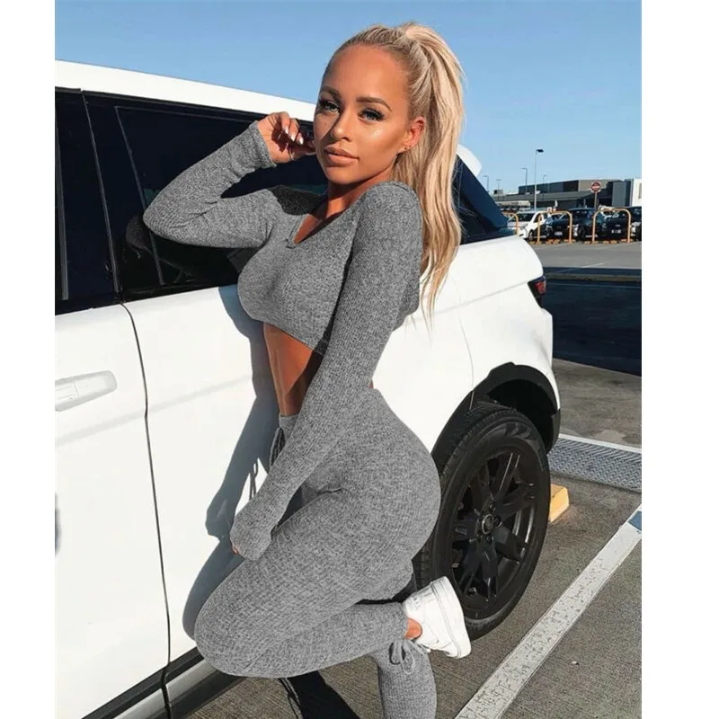 

Женский осенний комплект из двух предметов, сексуальный однотонный комплект из двух предметов, Модный укороченный Топ с длинным рукавом и V-...