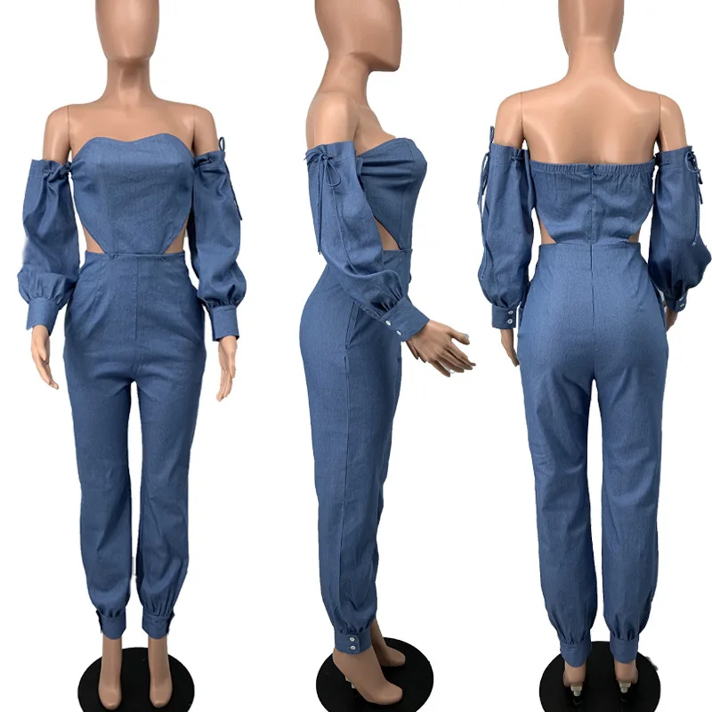

Real Pictures Women Solid Slash Neck Backless Jumpsuits 2021 Spring Lady's High Waist Hollow Out Long Sleeve Denim Rompers