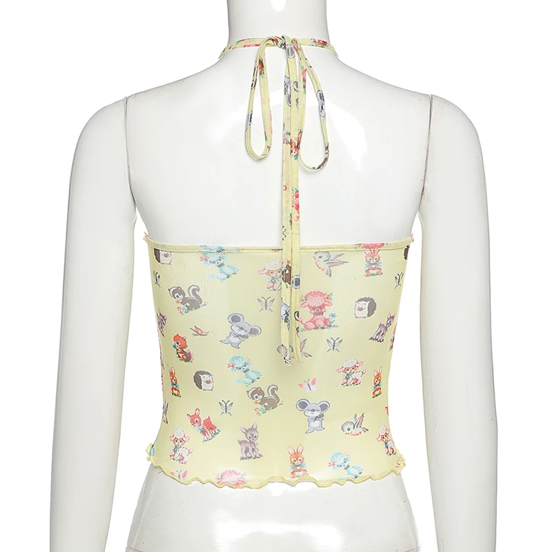 

Crop Top Women Tank Tops 2020 Sleeveless Printing Halter Mesh See Through Undefined Gothic Clothes Harajuku y2k Sexy Summer Vest