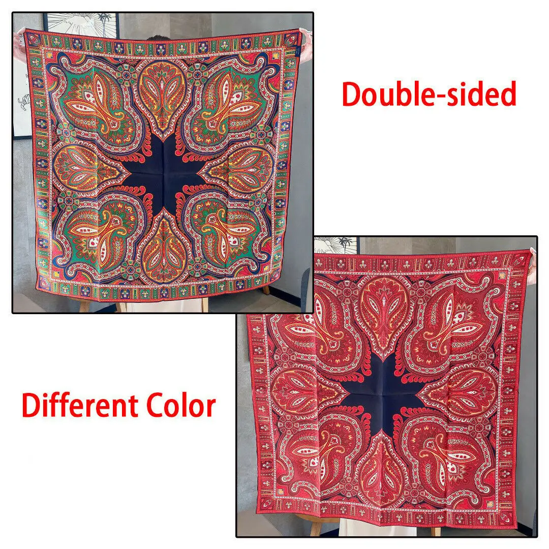 

100% Twill Silk Scarf Women Fashion Double-sided Paisley Shawl Hijab Boho Tribal Style Kerchief Bandana Headscarf 90*90cm