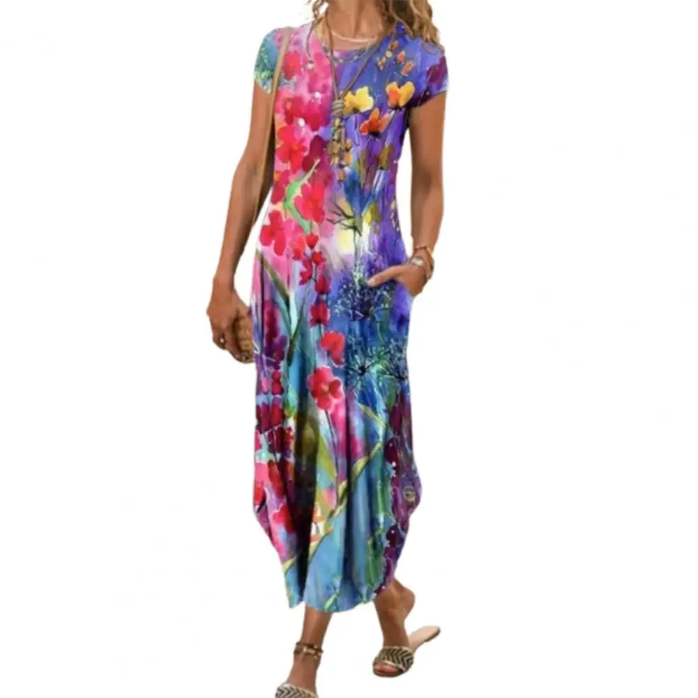 

Летние женские платья в богемном стиле с круглым вырезом, свободные женские винтажные Цветочный принт платье пляжный отдых одежда размера ...