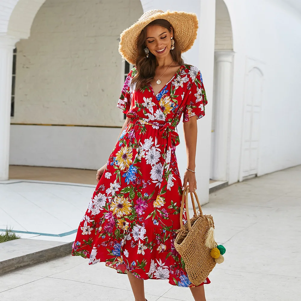

2021 Boho Printed Bandage Short Sleeve Dress Spring And Summer Beach Wear Plus Size Women Clothes Sexy V-neck Lady Loose Dress