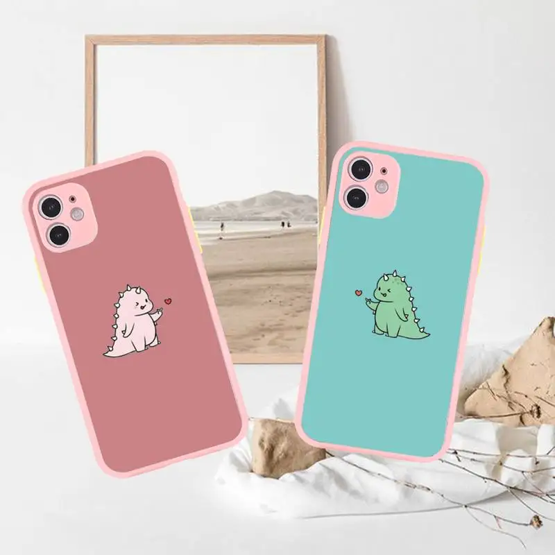 

dinosaur Cartoon Couple friends Phone Case For iPhone 13 12 11 Mini Pro XR XS Max 7 8 Plus X Matte transparent Pink Back Cover