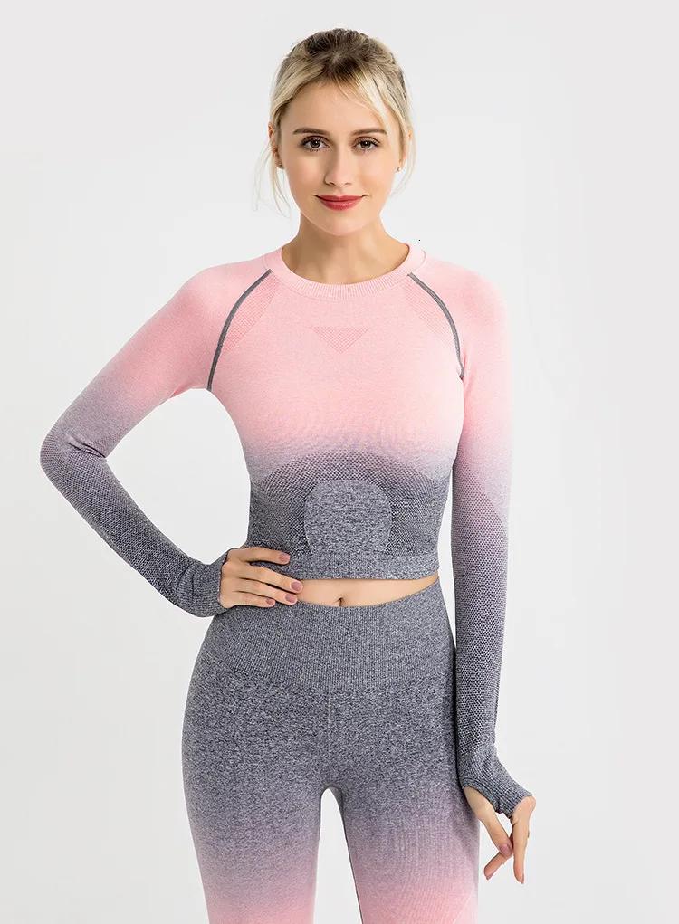 Shark Women Ombre Cropped Seamless Long Sleeve Top Crop Top Women Workout Shirts for Women Sports Tops Women Gym