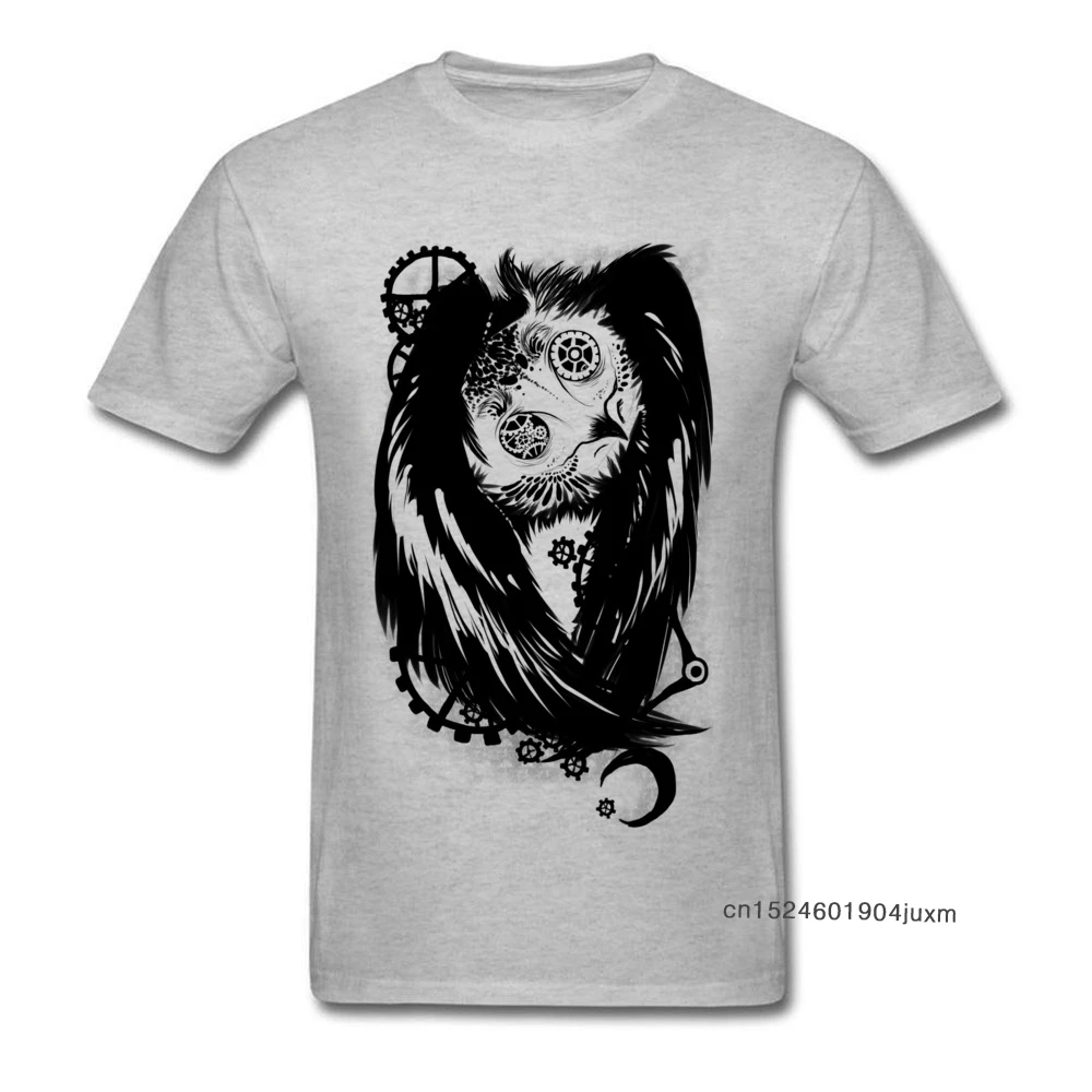 Мужская футболка в стиле стимпанк с принтом совы хлопковая серая коротким