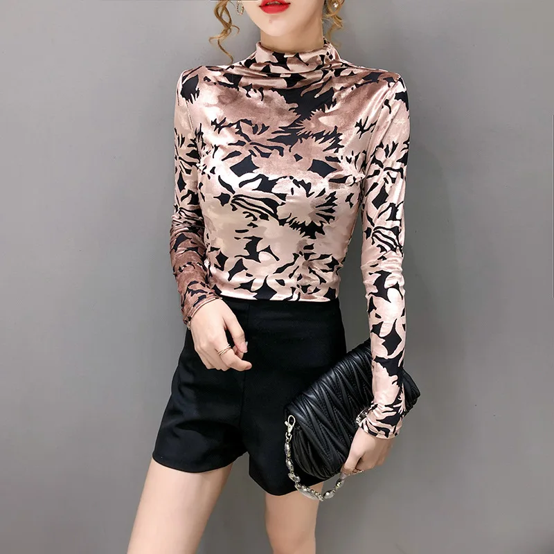 

Autumn Long Sleeve Turtleneck Woman Tshirts Fashion Flower Print Hollow Velvet Top Female Slim Fit t Shirt Women Camiseta Mujer