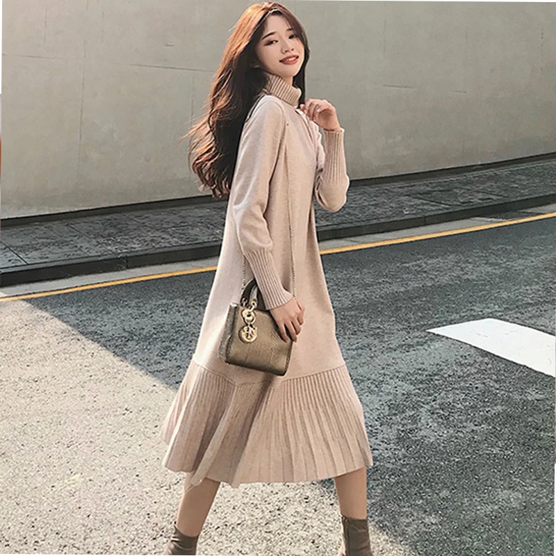 Элегантное свободное женское платье свитер Осень зима 2019 трапеция вязаное с