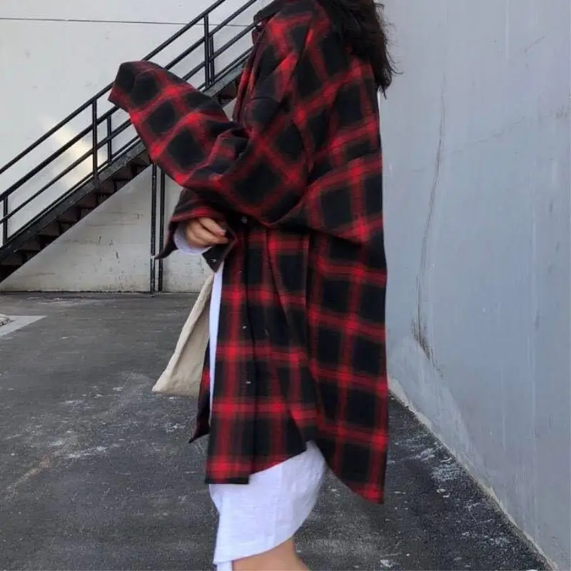 Рубашка женская клетчатая большого размера с длинным рукавом | Женская одежда