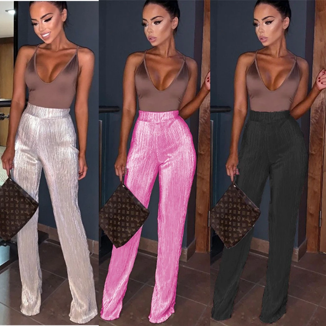 Сексуальные женские блестящие брюки для ночного клуба длинные широкие 2019 модные