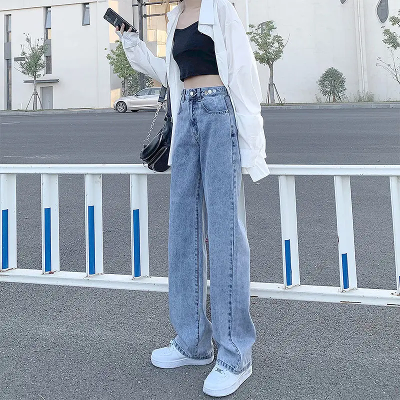

2021 summer new wide leg straight tube loose mop jeans women's high waist slim versatile light long pants