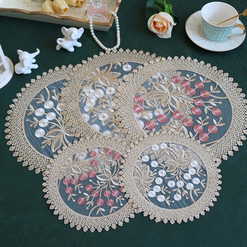 

New Embroidery Flowers Placemat Cup Mug Tea Pan Coaster Kitchen Dining Table Place Mat Lace Doily Christmas Wedding Drink Pad