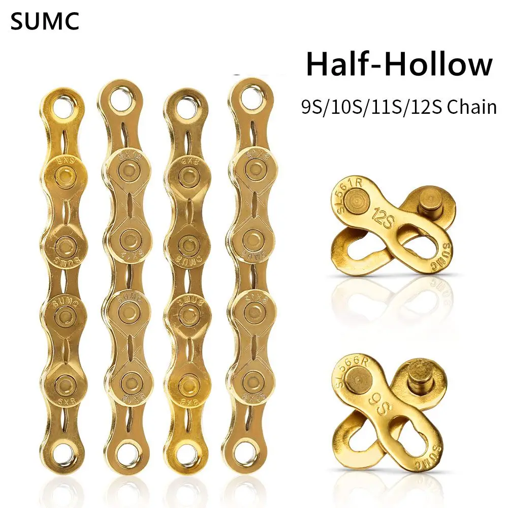 

SUMC Durable Bicycle Half Hollow Gold Chain 9/10/11/12EL Speed 116/126 Link StablMTB Road Bike Chain for Shimano Sram Campagnolo