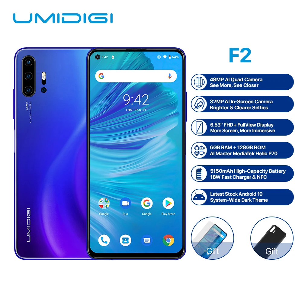 UMIDIGI F2 Android 10 Helio P70 6 ГБ 128 Гб мобильный телефон 5150 мАч 18 Вт Быстрая зарядка 6,5" 48 МП 32 МП камера двойной 4G LTE NFC Смартфон